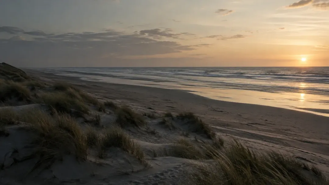 Stranden och sanddynerna vid Västerhavet medan solen går ner.