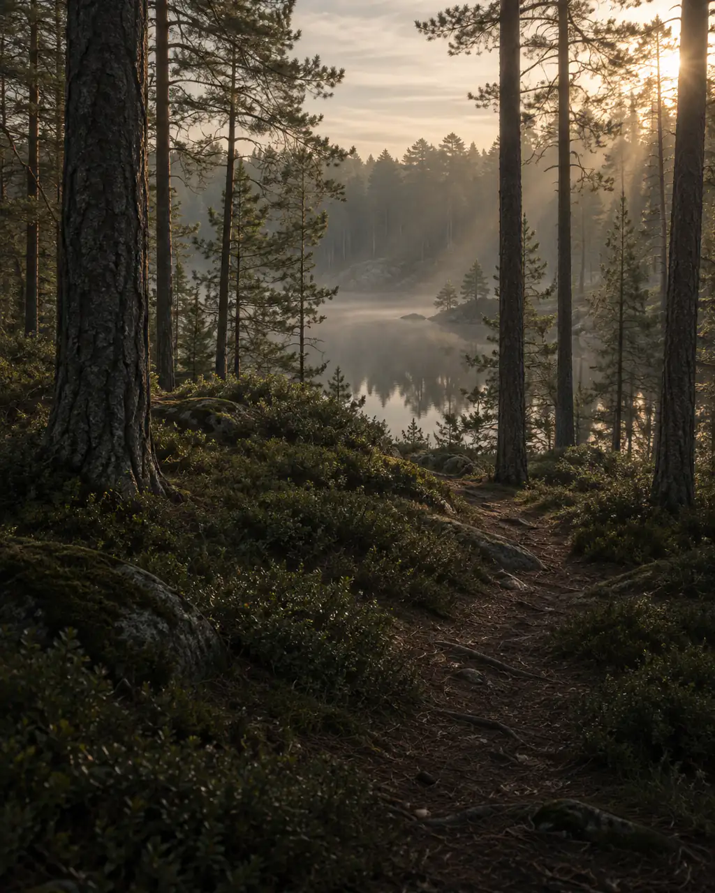 Skogsstig mellan höga tallar ner mot en dimmig skogssjö i morgonljus.