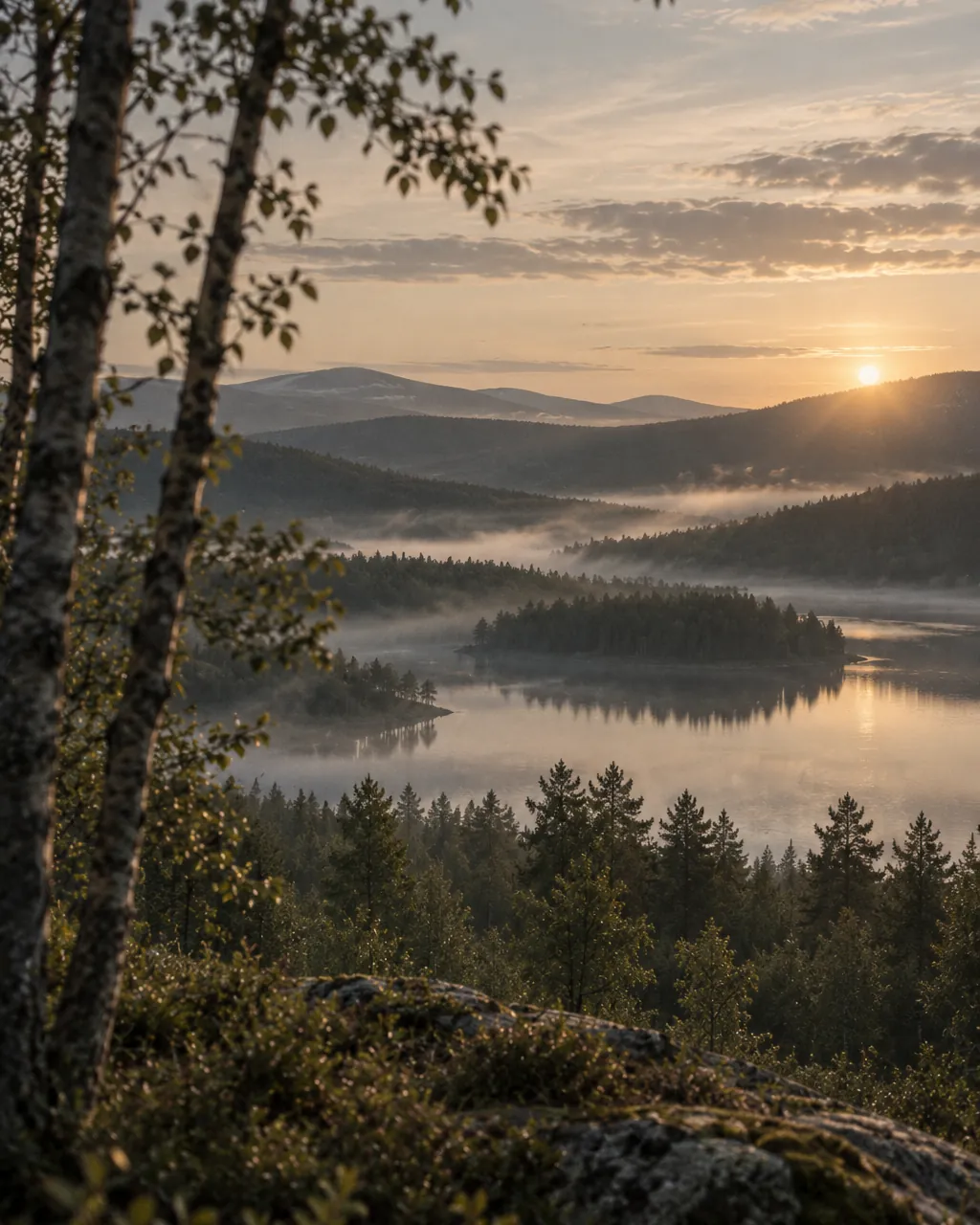 Morgondimma över en stilla sjö mellan mjuka, skogklädda kullar i soluppgången.